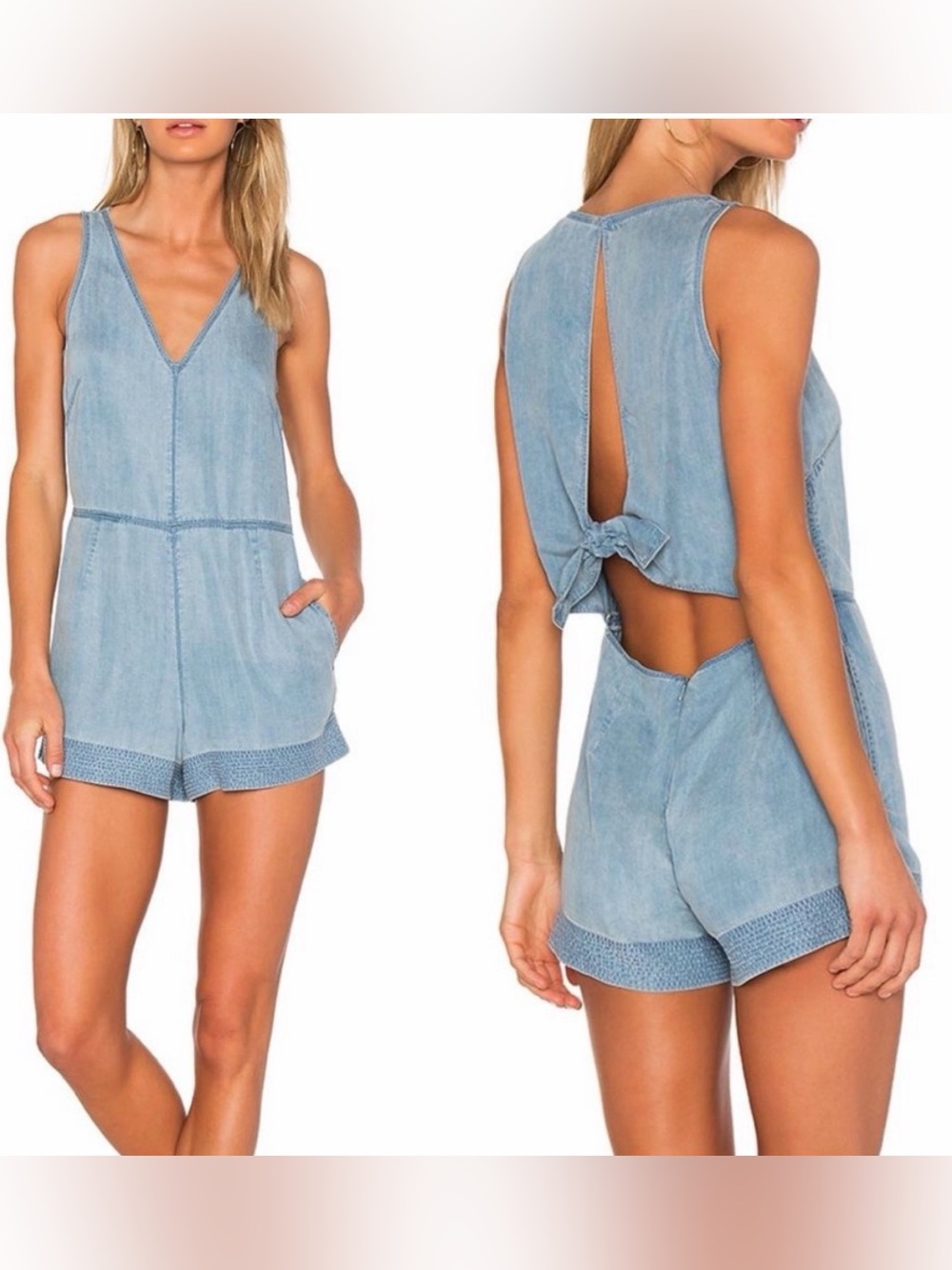 rag & bone Light Blue Denim Romper with Back Tie Detail